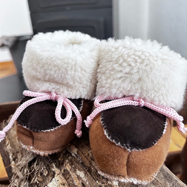 Lammfellschuhe Baby Krabbelschuhe Jungen&Mädchen Schaffell Tie Boot Slipper Handmade