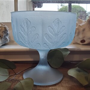 Vintage FTD Frosted Blue Oak Leaf Pattern Compote, Footed Pedestal Bowl or Planter Dish