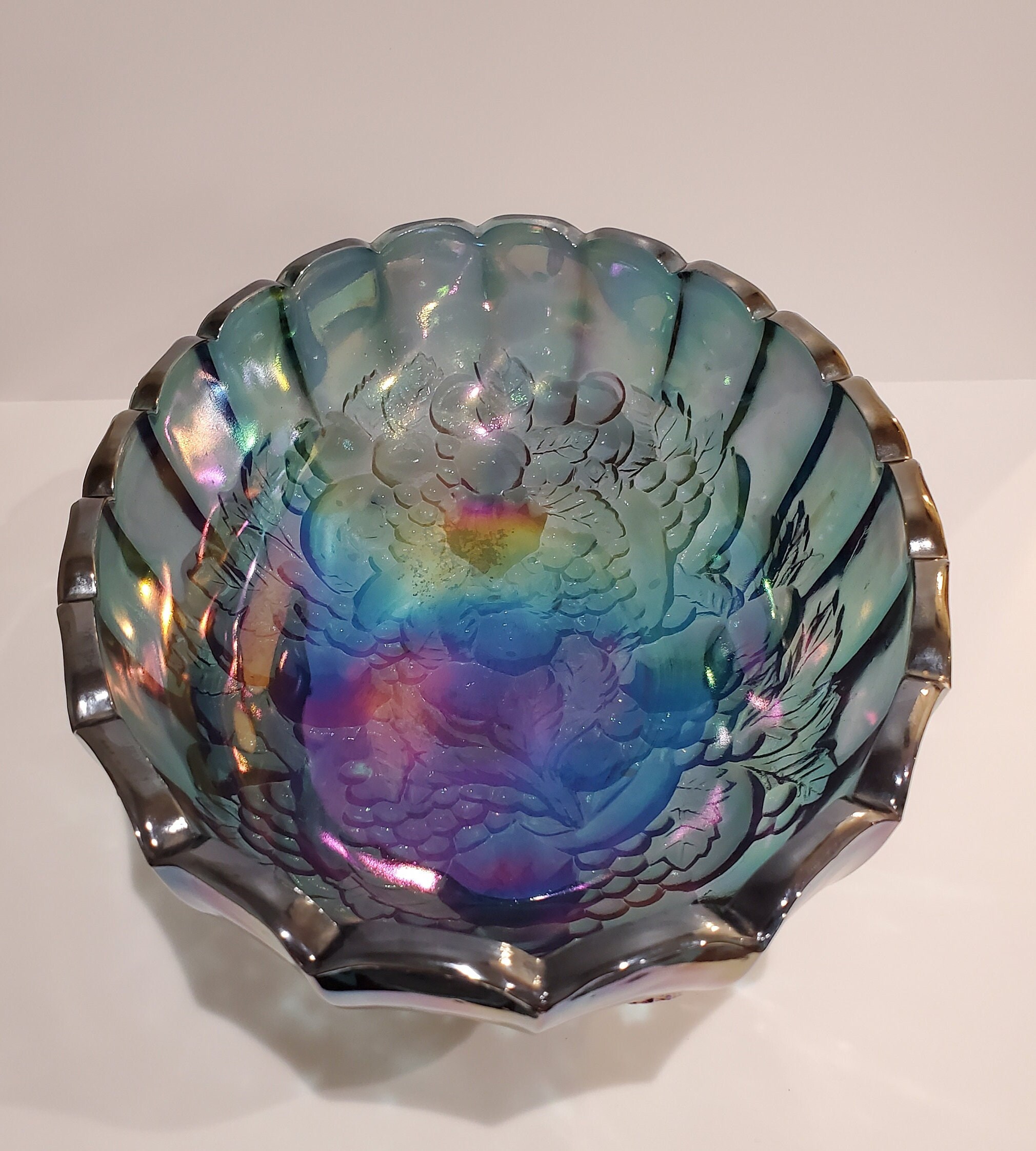 Blue Carnival Glass Fruit Bowl