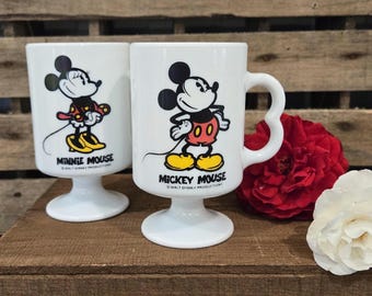Vintage Minnie and Mickey Mouse Milk Glass Mug Set, 1970s Disney