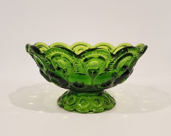 Vintage LE Smith Glass Green Bowl, Moon and Stars pattern/ Compote dish/Footed Bowl