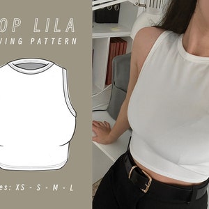 Puede incluir: Un top sin mangas blanco con cuello redondo y silueta ajustada. La imagen también muestra un diseño de patrón de costura con el texto "TOP LILA SEWING PATTERN" y tallas XS, S, M y L.