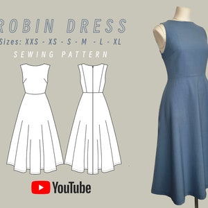 Puede incluir: Un patrón de costura para un vestido sin mangas llamado Robin Dress. El patrón incluye las tallas XXS - XL. La imagen muestra un dibujo de línea del vestido y un vestido azul en un maniquí.
