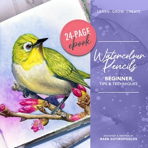 Pode incluir: Um ebook de 24 páginas intitulado "Watercolour Pencils: Beginner Tips & Techniques" com uma ilustração de aquarela de um pequeno pássaro verde e amarelo empoleirado em um galho com flores rosa. O ebook foi projetado e escrito por Barb Sotiropoulos.