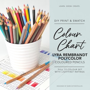 Op de afbeelding: Een set van 72 Lyra Rembrandt Polycolor kleurpotloden in een witte beker. De potloden zijn in een waaier vorm gerangschikt en zijn gelabeld met hun kleurennamen en lichtvastheid ratings. De afbeelding bevat de tekst "Learn. Grow. Create." "DIY Print & Swatch" "Colour Chart" "LYRA REMBRANDT POLYCOLOR COLOURED PENCILS" "FULL 72 COLOUR SET WITH LIGHTFAST RATINGS" "DESIGNED BY BARB SOTIROPOULOS"