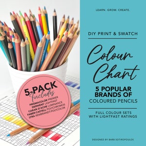 May include: A 5-pack of coloured pencils includes Prismacolor Premier, Derwent Lightfast, Caran d'Ache Luminance, Faber-Castell Polychromos, and Lyra Rembrandt-Polycolor. The pencils are in a white cup and a colour chart is in the background. The chart shows the colours of each pencil and their lightfast rating.