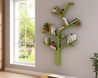 Tree Shaped Bookcase – Solid Wood Bookshelf 150x100 cm – Handmade Wall Shelf, Olive Green color, Customizable for Nursery or Kids Room