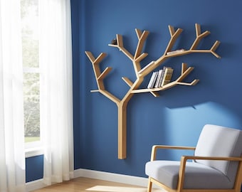 Boomvormige boekenkast – grote massief houten wandboekenplank 190 x 260 cm, rechterkant – handgemaakte boomplank voor kinderkamer, kinderkamer of woonkamer