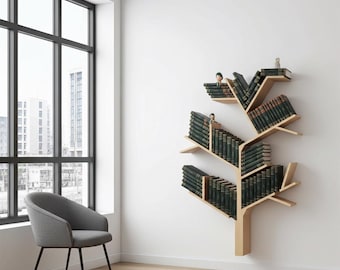 Libreria ad albero – Libreria a forma di albero in legno massello 180 x 120 cm – Natur, mensola da parete fatta a mano per cameretta, cameretta dei bambini o soggiorno