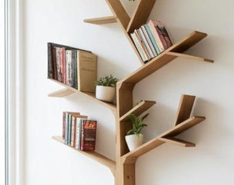 Tree Shaped Bookcase – Solid Wood Bookshelf 150x100 cm – Handmade Wall Shelf, Natural Color, Customizable for Nursery or Kids Room