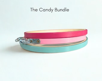 The Candy Bundle- Set of 3 – Magenta, Pink, Teal. Hand-painted Embroidery Hoops : sizes 3" - 9" inches. Custom embroidery hoops.