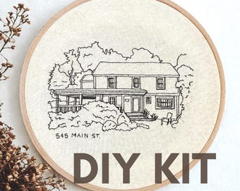 DIY Kit - Custom House Portrait Embroidery: Personalized Housewarming Gift, Craft Kit, Modern Embroidery, Wall Art.