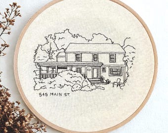 Custom House Portrait (Ready to Display): Minimalistic Embroidery Illustration, Personalized Housewarming Gift, Modern Embroidery