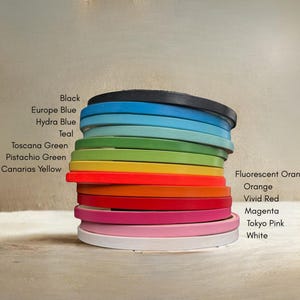 Puede incluir: Una pila de objetos redondos y finos de varios colores, incluyendo negro, azul, verde, amarillo, naranja, rojo, rosa y blanco. La imagen incluye etiquetas de texto para cada color, como "Black", "Europe Blue" y "Tokyo Pink".