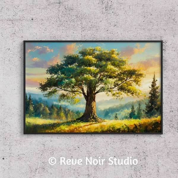 Old Oak Tree Art | Autumn Landscape Print | Nature Decor | Vibrant Tree Poster | Fall Tree Wall Art | Printable Instant Download | 065
