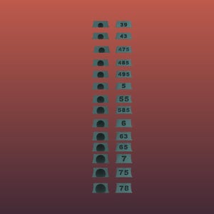 May include: An abstract illustration featuring a series of teal-colored shapes, each with a dark circle and a number. The numbers, ranging from 5 to 585, are displayed in a vertical arrangement against a gradient red-orange background.