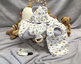 Birth kit, baby bath cape, baby birth, girl boy birth gift, baby blanket, baby swaddle, comforter with pacifier attachment