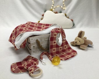 “Lou” GEBOORTEGIFT BOX set, 4-delige babygeschenkdoos van katoen en witte bamboespons, handgemaakt