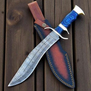Handgefertigtes Bowie Damaszener Stahl Jagdmesser mit Holzgriff Survivalklinge | Geschenk für Ihn, Trauzeugen und Jahrestagsgeschenk
