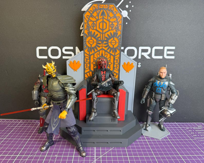 May include: Action figures of characters from a science fiction franchise. One figure is seated on a throne with an orange and gray design. Two other figures stand nearby, one holding a red lightsaber. The background is black with white text.