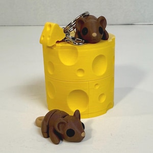 Maus Fidget & Schlüsselanhänger Set mit Käse-Box | ZOU3D | Flexi Gelenk Sensorische Fidget Tiere | 3D Gedrucktes Fidget Spielzeug | Baby-Tiere