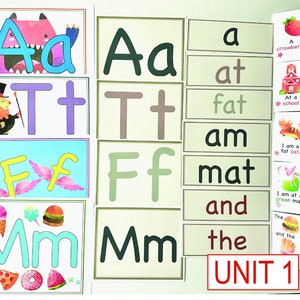 May include: Colorful flashcards with uppercase and lowercase letters A, T, F, and M. Each card has a different illustration. The cards are arranged in four rows. The words 'a', 'at', 'fat', 'am', 'mat', 'and', 'the' are written on separate cards. The words are arranged in a column. The cards are labeled 'UNIT 1'.