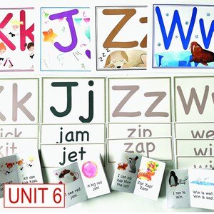 May include: A set of 8 colorful flashcards for learning the letters K, J, Z, and W. Each card features a large letter, a smaller letter, and a word that starts with that letter. The words are "kick", "kit", "jam", "jet", "zin", "zap", "wet", and "win".