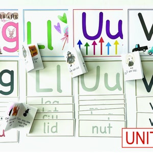 May include: A set of alphabet flashcards for learning the letters G, L, U, and V. Each card features a large letter in a different color, along with smaller letters and words related to the letter. The cards are labeled "UNIT 4".