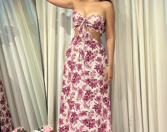 Robe rose fleurie à la taille, faite main