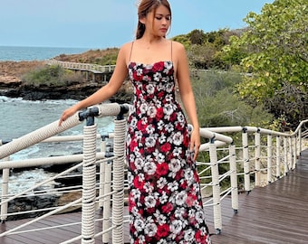 Vestido largo de rosas, vestido sin espalda, vestido de verano, hecho a mano