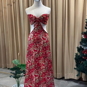 Red Flowers Out Waist Dress, Handmade image 3