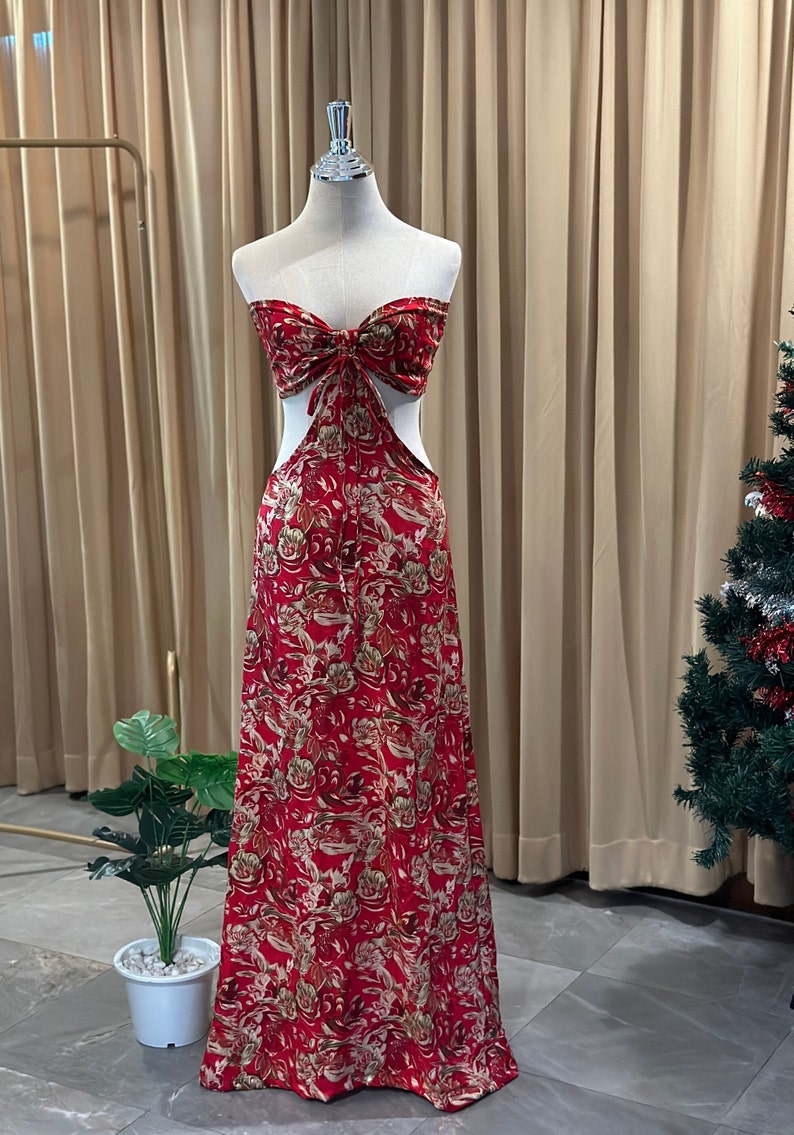 Red Flowers Out Waist Dress, Handmade image 3