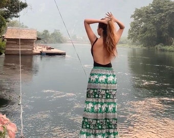 Bohemian Green Elephant Skirt from Thailand