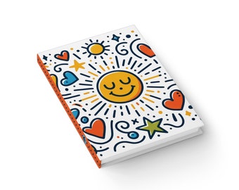 Radiant Smiles Hardcover Journal 7x5, all over print notebook with ruled lines, Happy Sun Doodle Notepad, Evolve Me