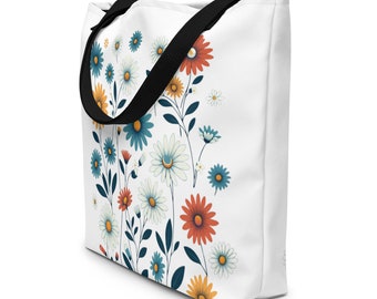 Sac fourre-tout Daisy Field 17 x 20, grand fourre-tout imprimé avec poche, fourre-tout fleuri, Evolve Me