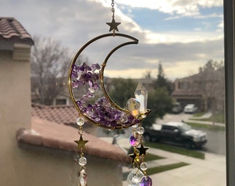 Crescent Moon Crystal Suncatcher, Boho Home Decor, Sun Catcher, Amethyst Suncatcher, Rose Quartz Crystal