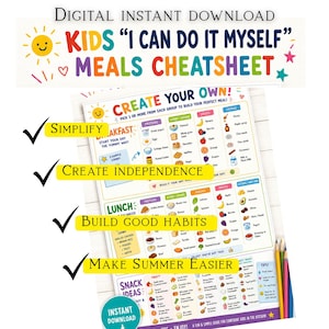 Puede incluir: Un colorido gráfico de planificación de comidas para niños, con el texto "KIDS 'I CAN DO IT MYSELF' MEALS CHEATSHEET". El gráfico incluye secciones para el desayuno, el almuerzo y las ideas de meriendas, con opciones de grupos de alimentos.
