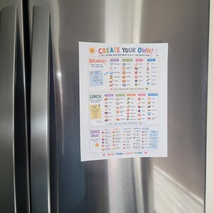 May include: A colorful meal planning chart titled "Create Your Own!" is affixed to a stainless steel refrigerator. The chart is divided into sections for breakfast, lunch, and snack ideas, with various food illustrations. The LG logo is visible.