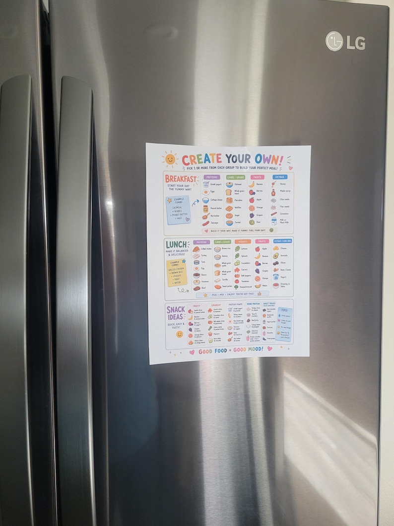 May include: A colorful meal planning chart titled "Create Your Own!" is affixed to a stainless steel refrigerator. The chart is divided into sections for breakfast, lunch, and snack ideas, with various food illustrations. The LG logo is visible.