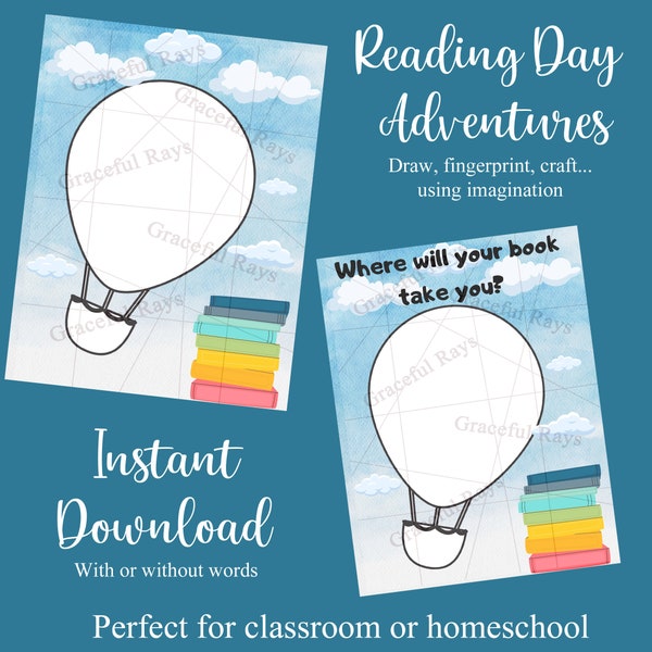 Reading Day Printable. Hot air balloon. Draw or fingerprint art.