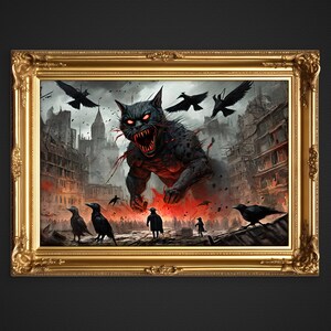 Puede incluir: Una pintura de un gato monstruoso, de ojos rojos, negro, con dientes y garras afiladas, de pie en una ciudad en ruinas. El gato está rodeado de cuervos y personas que huyen con miedo.