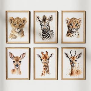 Set of 6 cute safari animal prints. Nursery decor. Printable wall art. Minimalist. Baby. Kids room. Jungle theme
