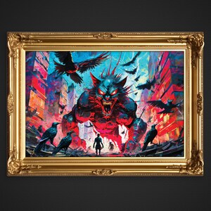 Puede incluir: Una pintura enmarcada que representa una criatura monstruosa de gato rojo y azul con ojos brillantes, de pie en una ciudad destruida. La criatura está rodeada de pájaros negros, y una figura solitaria se encuentra en primer plano.