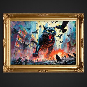 Puede incluir: Una pintura enmarcada de un gato negro con ojos amarillos brillantes, de pie sobre sus patas traseras y rugiendo. El gato está rodeado de una ciudad con edificios y pájaros volando. La pintura está sobre un fondo oscuro.