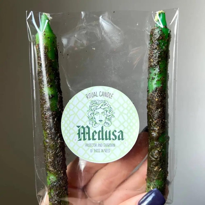 Green black Medusa ritual candle with snake wick, herbs oils 2 pack