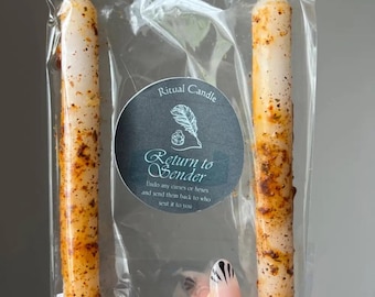 May include: Two off-white taper candles speckled with brown herbs, sealed in a clear plastic bag. A circular label features a feather icon and the text: Ritual Candle, Return to Sender, Undo any curses or hexes and send them back to who sent it to you.