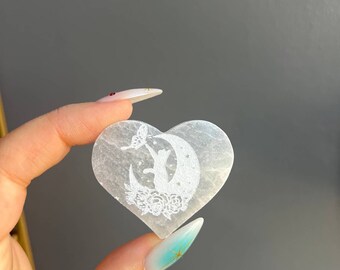 Selenite Etched Cat Crystal Heart Carving