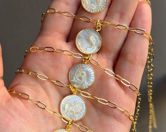 Zodiac Mother of Pearl Necklace, Astrology Constellation Shell Pendant, Brass Gold Fill Chain