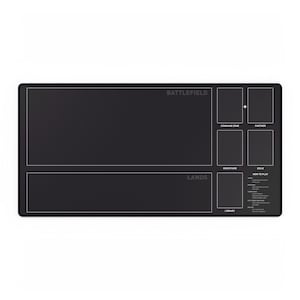 May include: Black playmat with white text and lines for a card game. The text includes "Battlefield", "Lands", "Command Zone", "Partner", "Graveyard", "Exile", "How to Play", and "Library".