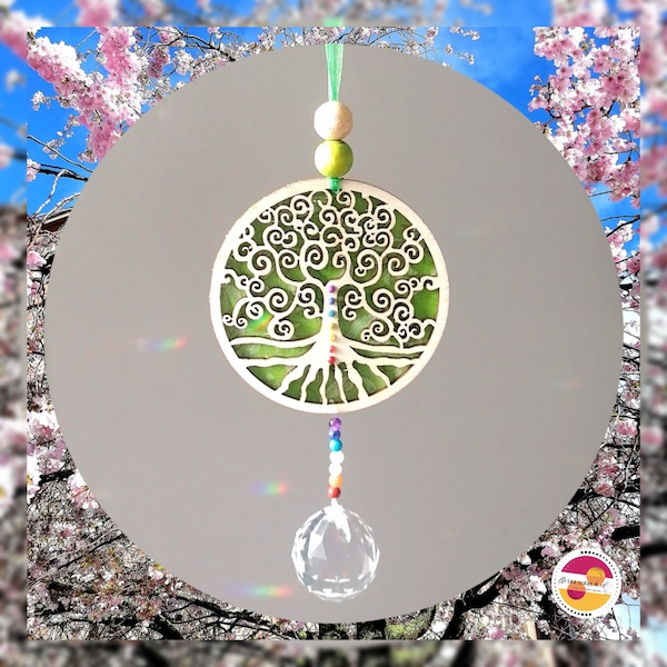 Mobile en bois et cristal FENG-SHUI attrape soleil ou suncatcher "fleur ou arbre de vie" 7 Chakras